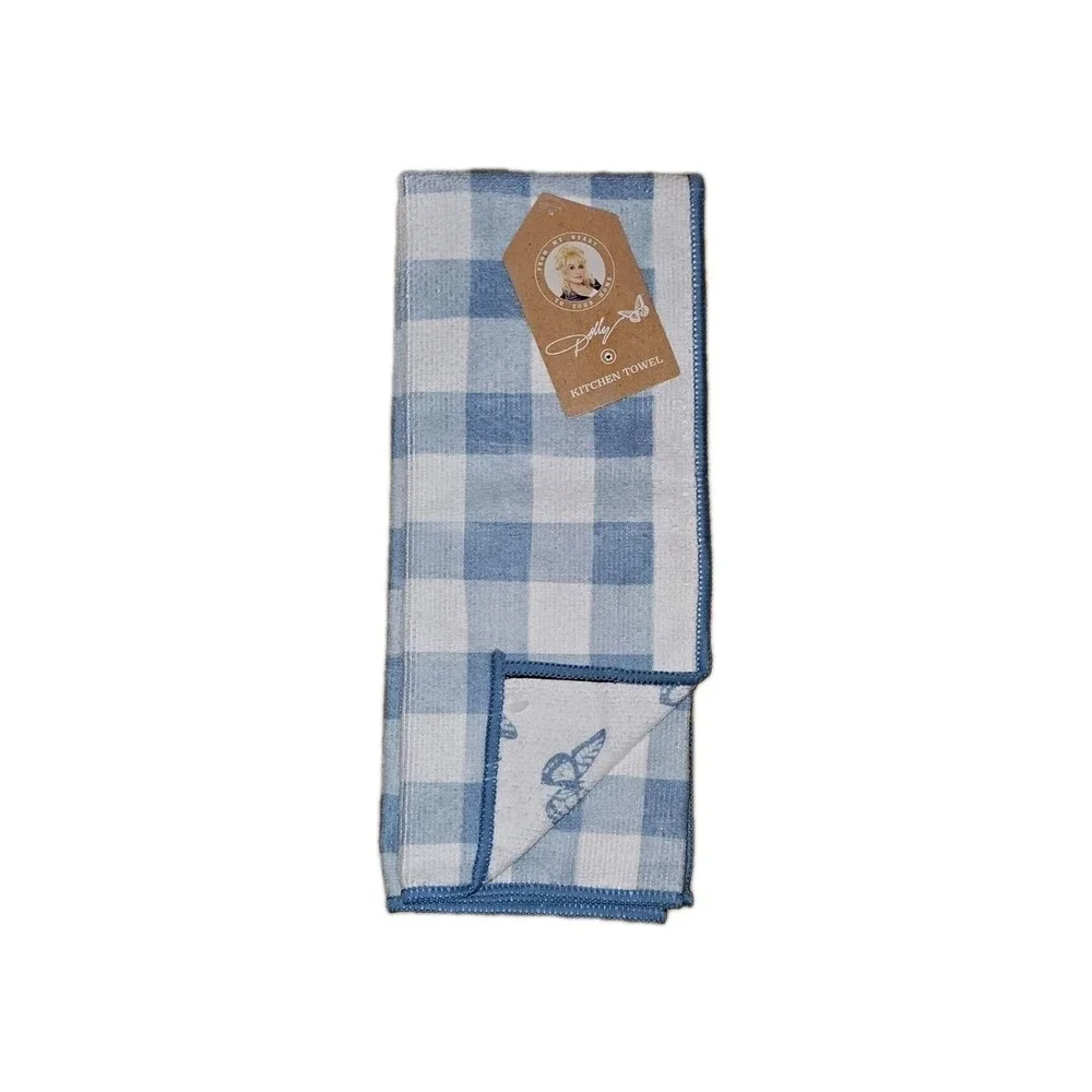 Dolly Kitchen Towel Light Blue White Buffalo Check Butterfly Reversible #852-854